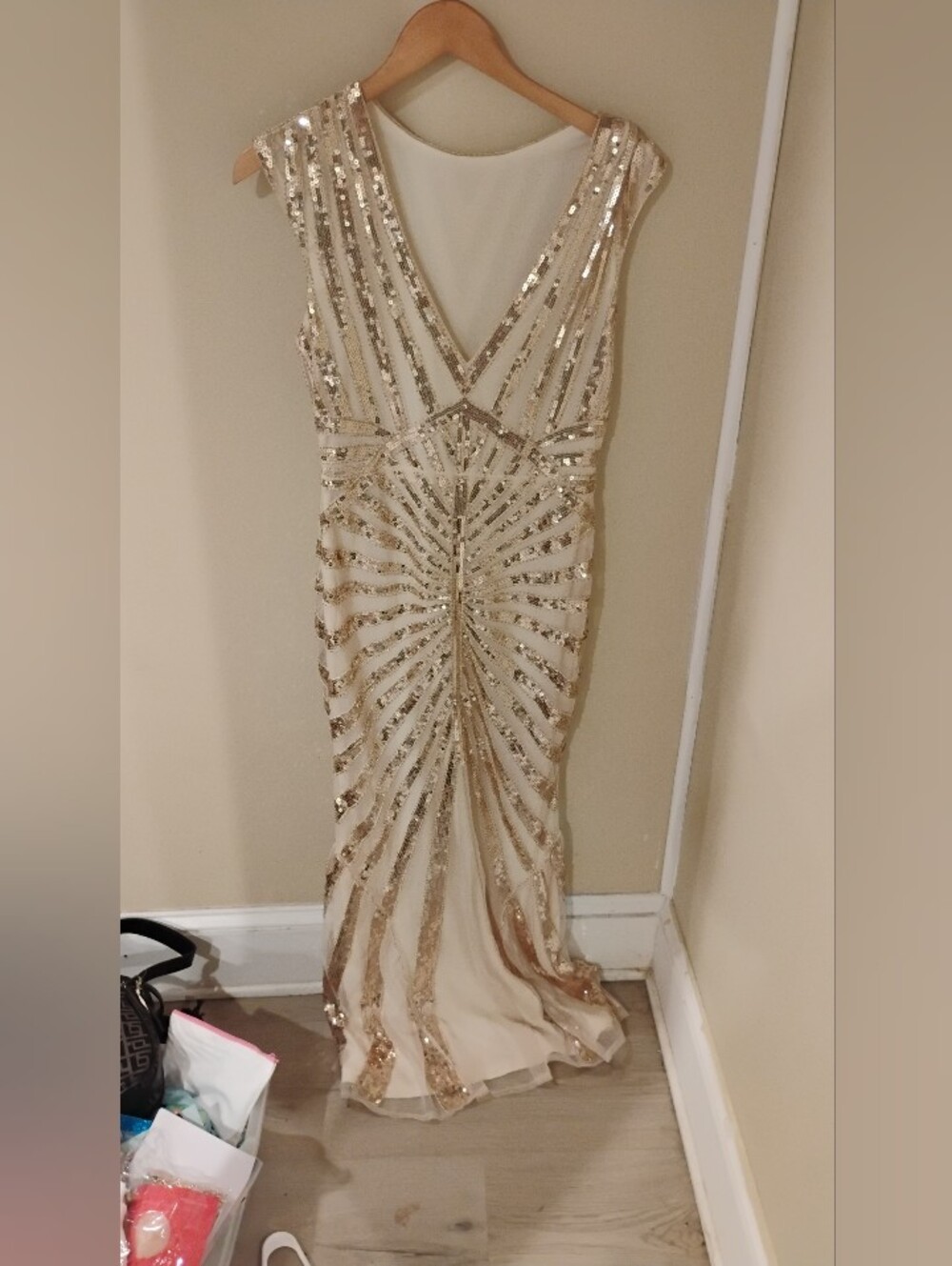 Modern Art Deco Inspired Maxi Sleeveless Sequined Gown Formal Dress Sz S